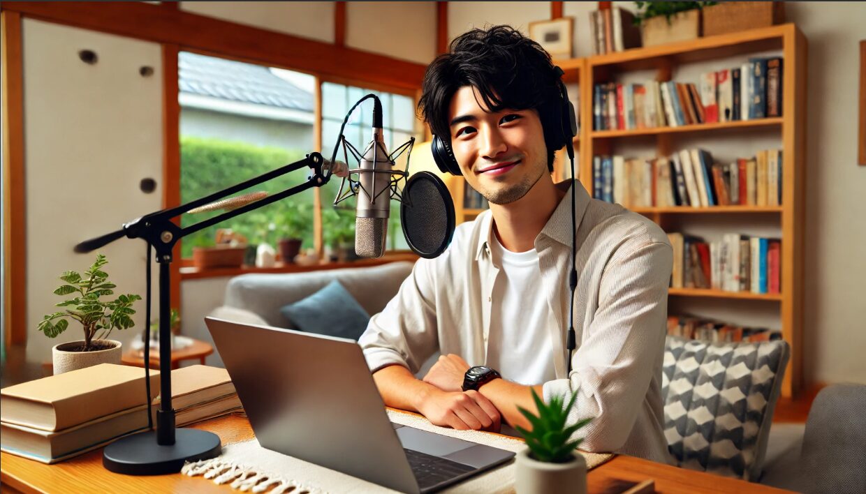 日本人男性が自宅の部屋で収録している様子。PCやマイクがあり、リラックスした表情で話す姿が、英語力と学び続ける姿勢を表現している。