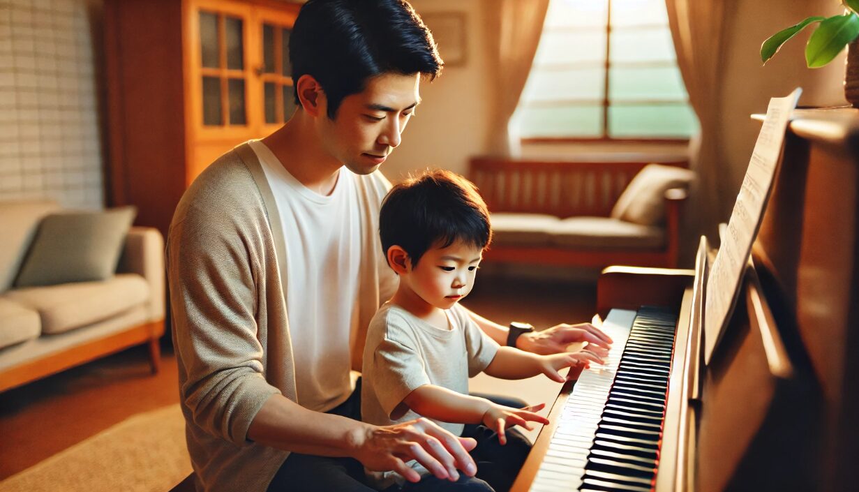 日本人の父親が3歳の息子に家庭でピアノを教えている温かな様子。木製家具と自然光が差し込む室内で、親子が向き合い音楽教育が始まる瞬間を捉えている。