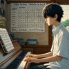 日本の田舎の自宅で、放課後に一人でピアノを演奏する中学生の男の子。帰宅部として音楽に打ち込む日常を表現した静かな情景。