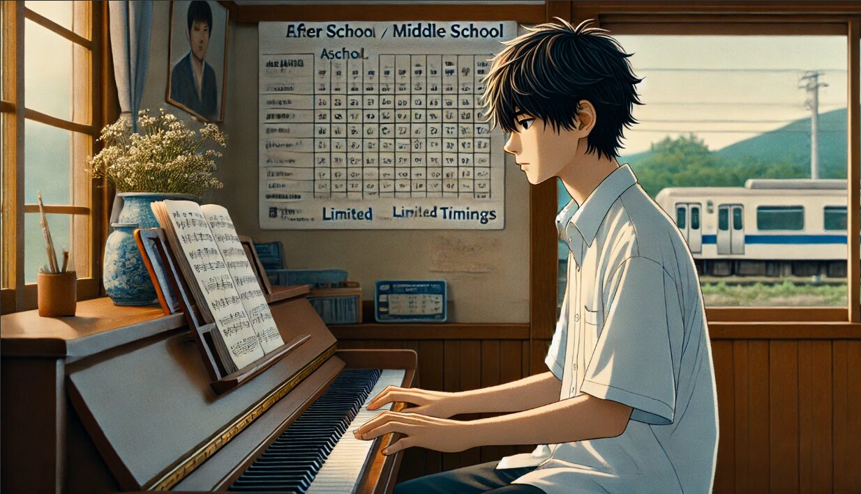 日本の田舎の自宅で、放課後に一人でピアノを演奏する中学生の男の子。帰宅部として音楽に打ち込む日常を表現した静かな情景。