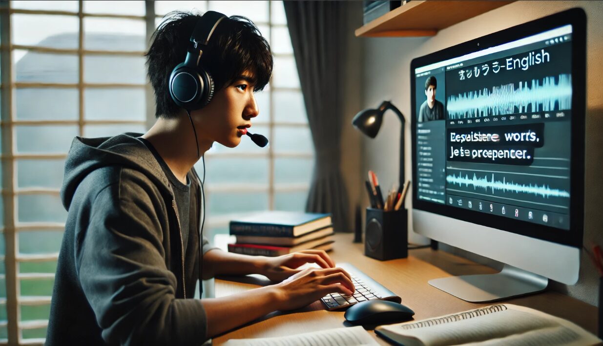 自宅でヘッドホンを使い、パソコンを見ながら英語の発音練習に集中する日本人高校生。リスニングと音声模倣を重視した独自の学習風景。