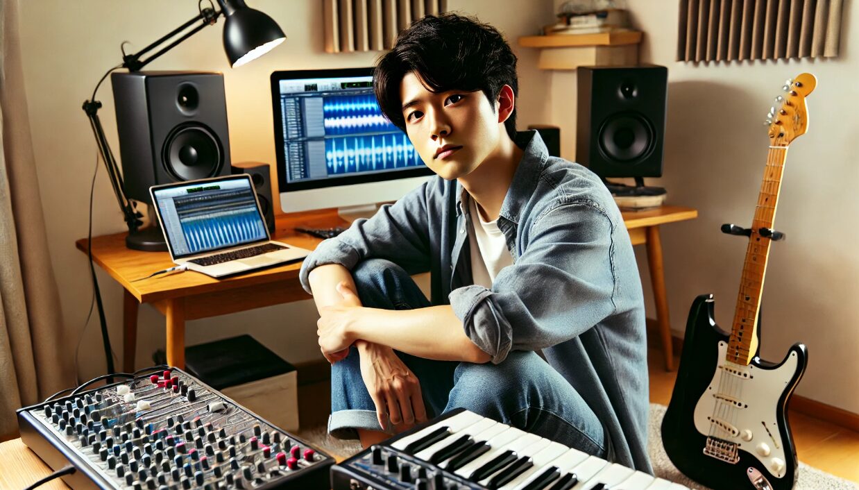 音楽機材に囲まれた部屋で、自らの音楽活動に集中する日本人の若者。大学進学ではなく、音楽の道を選んだ覚悟と創作への情熱を表すシーン。