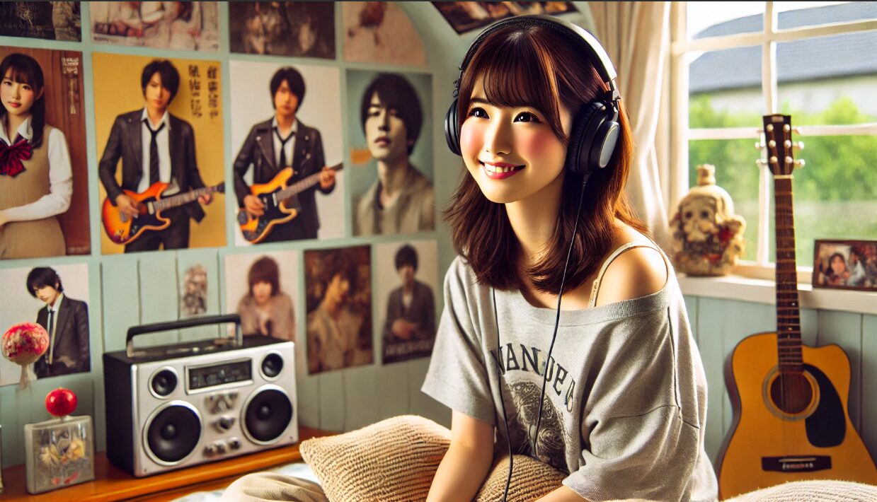 日本人女性アイドルが部屋でヘッドホンをつけて音楽を聴きながら笑顔を見せる様子、背景には好きなアーティストのポスター