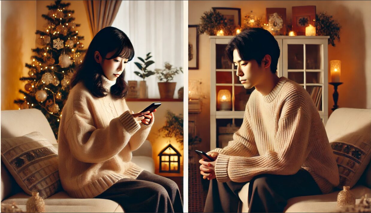 別々の部屋で似たような姿勢を取る日本人男女アーティストをクリスマス風の雰囲気で並列に描いたシーン