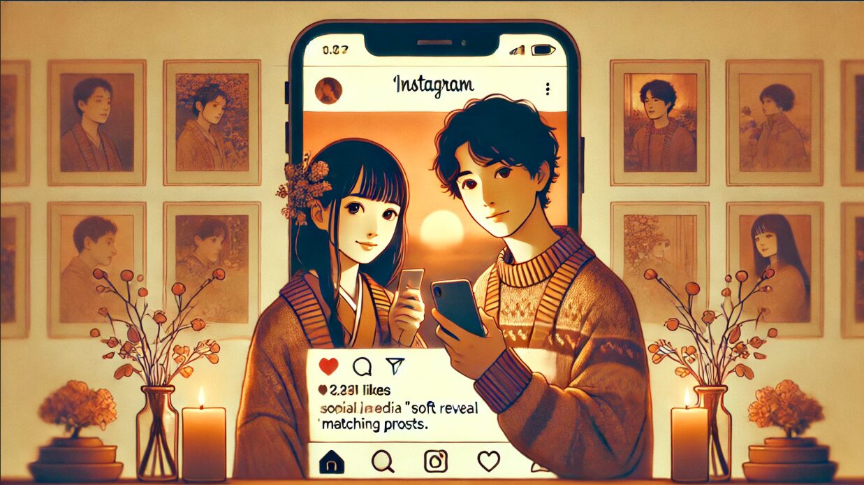 同時に似た投稿をする日本人男女のイラスト。SNS上の匂わせ疑惑を想起させる、柔らかな光に包まれた演出。