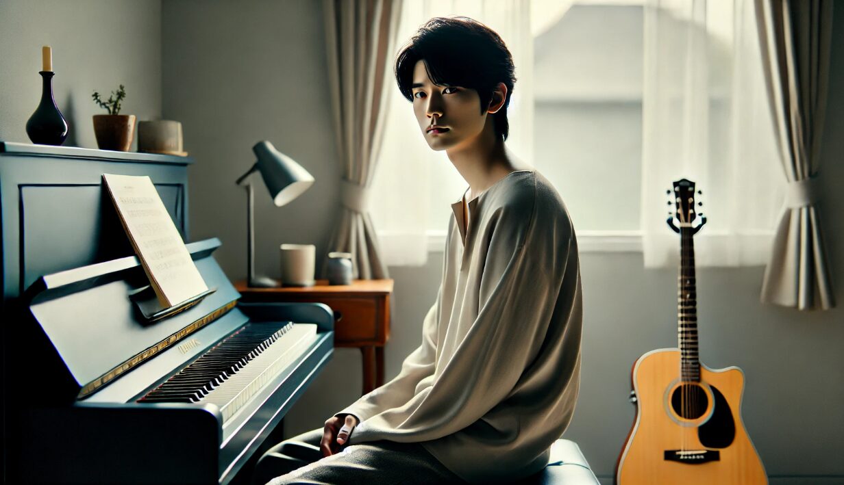 ピアノとギターに囲まれた静かな部屋で、物思いにふける日本人男性ミュージシャンの横顔