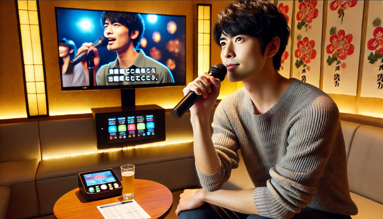 日本人男性が一人でカラオケルームで自信を持って歌っている様子。背景にカラフルな映像が映るスクリーンがある。