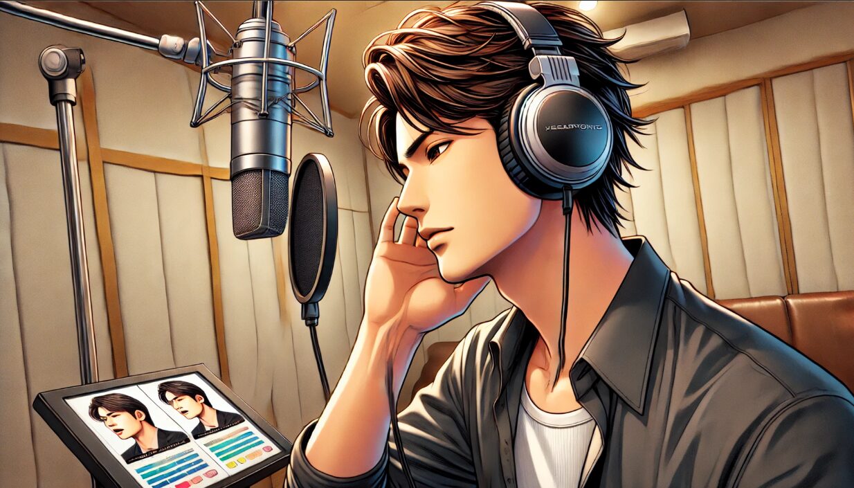 日本人男性がカラオケ練習ルームで真剣にファルセットの練習をしている様子。片耳に手を当てて発声している。