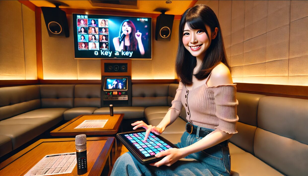 日本人女性がカラオケルームでキー設定をタブレットで調整しながら楽しそうに歌う準備をしている様子。