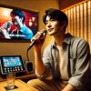 日本人男性が一人でカラオケルームで自信を持って歌っている様子。背景にカラフルな映像が映るスクリーンがある。