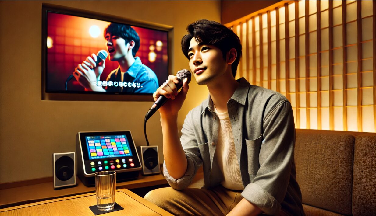 日本人男性が一人でカラオケルームで自信を持って歌っている様子。背景にカラフルな映像が映るスクリーンがある。