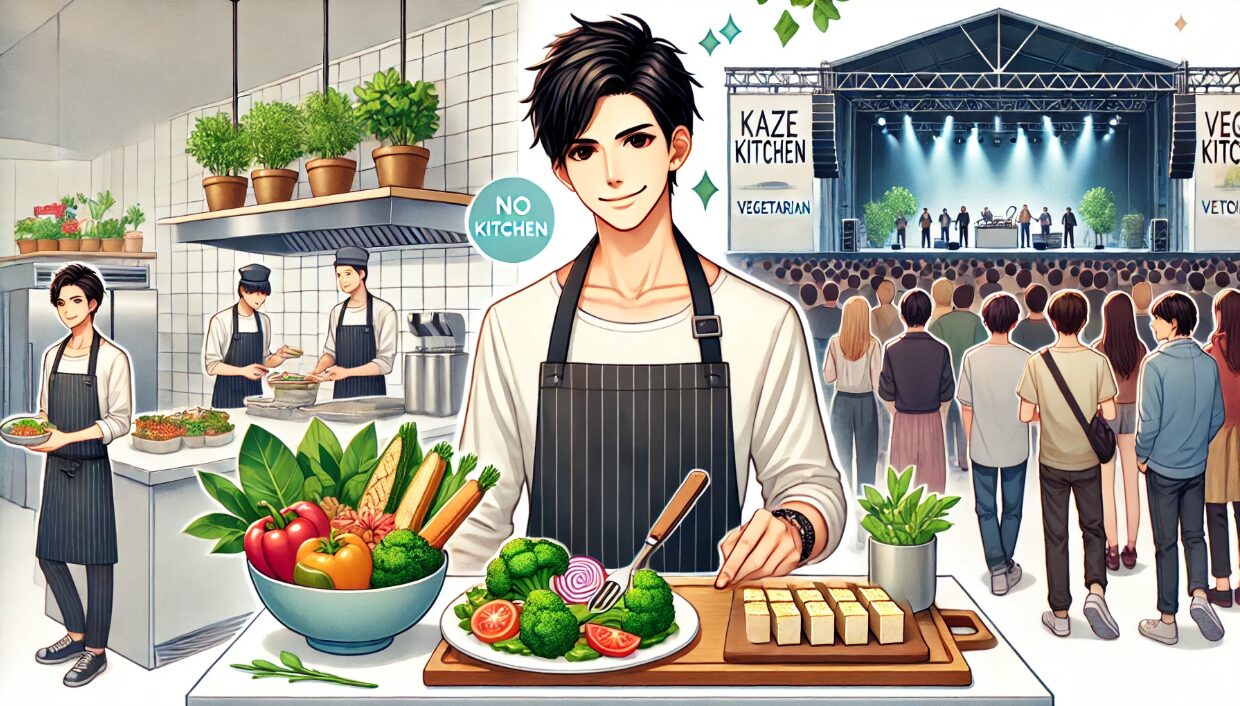 健康的な印象の日本人男性がモダンなキッチンで彩り豊かな野菜料理を盛り付けている様子。背景にはベジタリアンフードブースに集まるファンの姿も描かれ、植物ベースのライフスタイルを表現している。