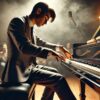 若い日本人男性がステージ上でグランドピアノを演奏し、ジャズやR&Bの影響を感じさせる即興的かつ情熱的な演奏を披露している様子。