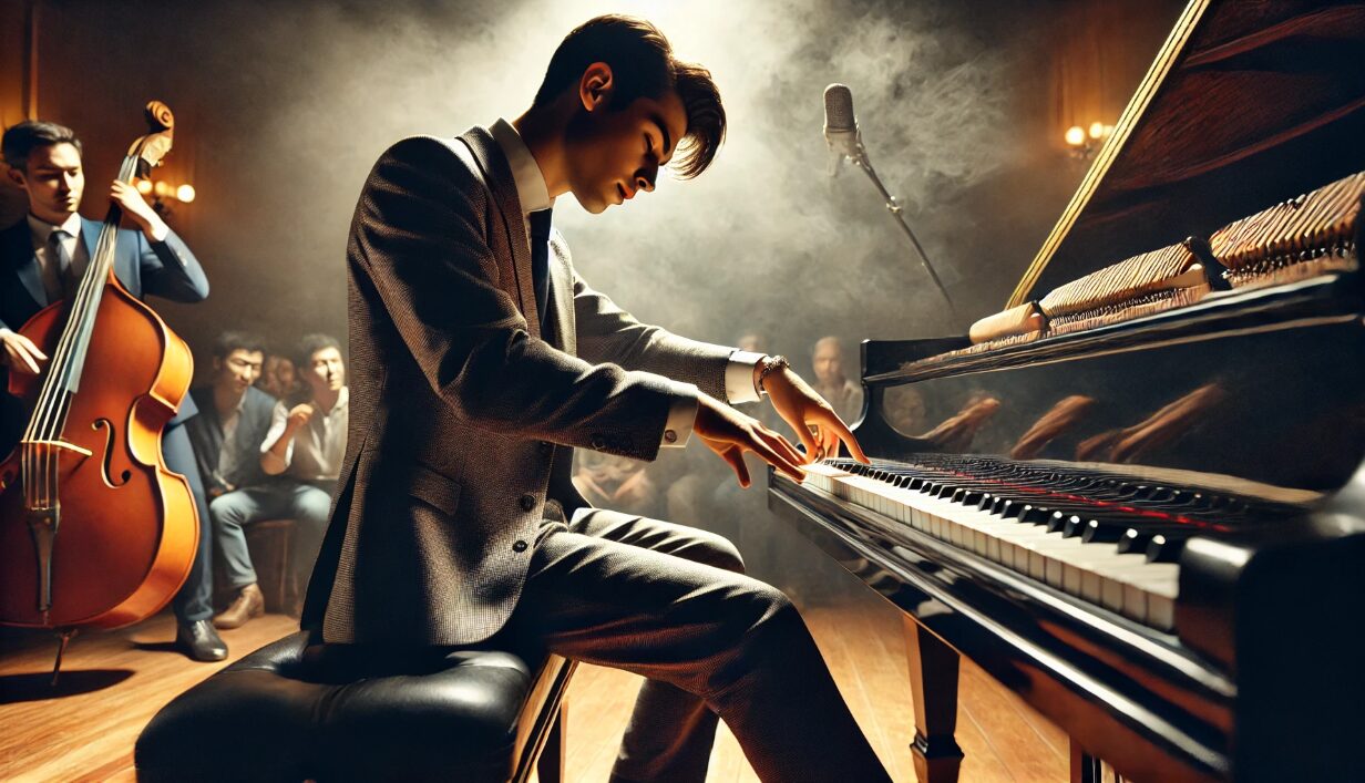 若い日本人男性がステージ上でグランドピアノを演奏し、ジャズやR&Bの影響を感じさせる即興的かつ情熱的な演奏を披露している様子。