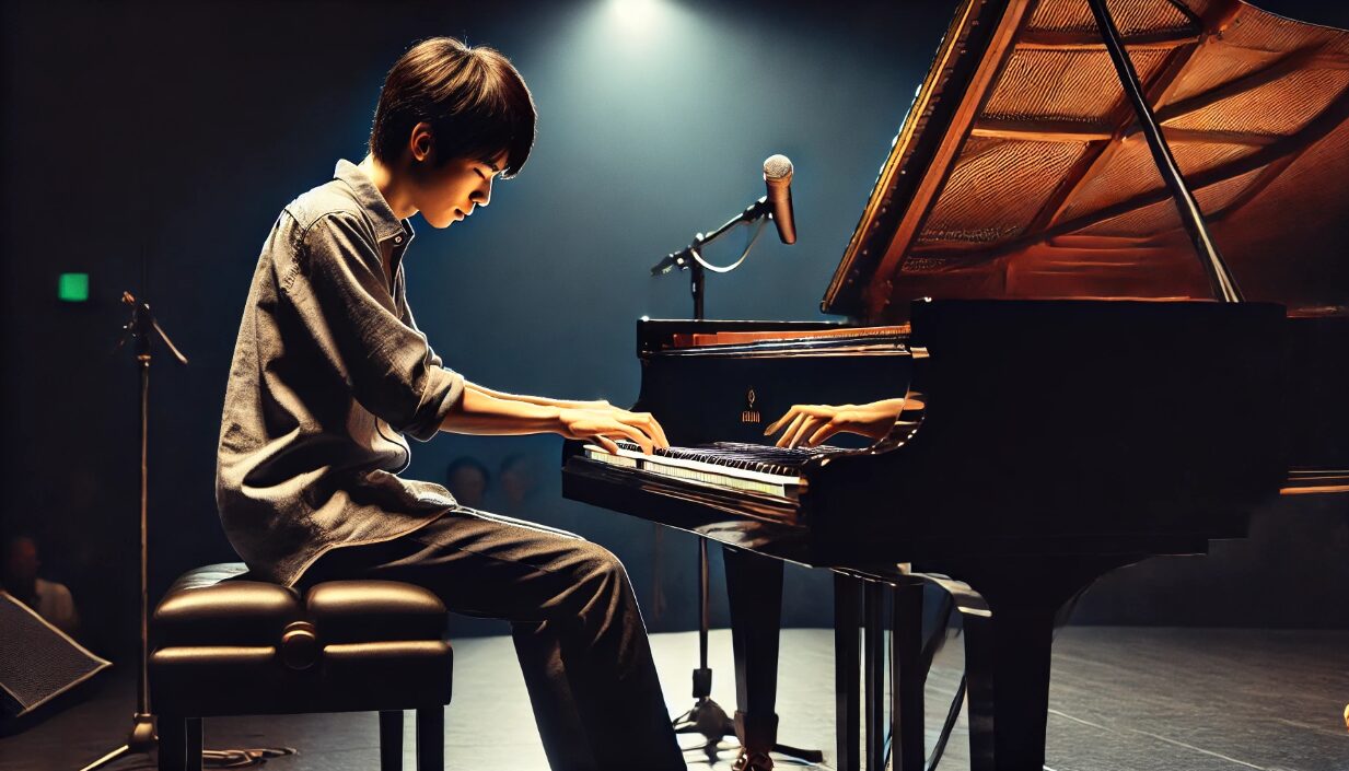 若い日本人男性がステージでグランドピアノを演奏しながら、両手を巧みに使ってジャズ風のアレンジを披露する演奏シーン。