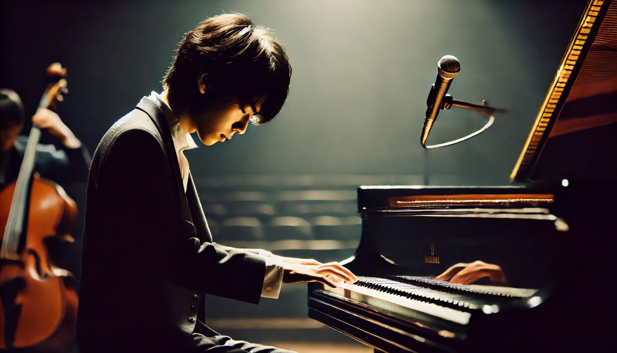 スポットライトの下でグランドピアノを弾く日本人男性アーティスト。鍵盤を見ずに演奏し、音楽と一体化する姿が「天才性」と「精神的成長」を象徴している。ステージは暗めで、神秘的な雰囲気が漂う。