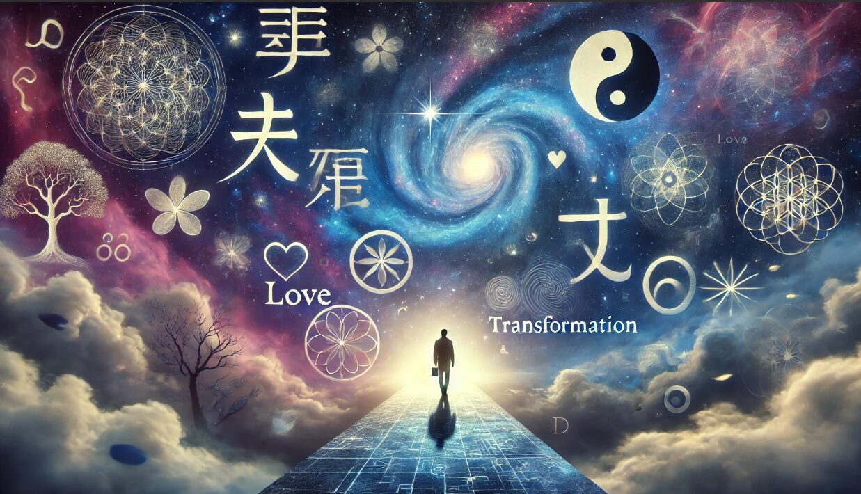 星降る夜空の下、抽象的な愛や内面の成長を象徴するシンボルに囲まれた道を歩く日本人男性。幻想的でスピリチュアルな雰囲気が、藤井風の歌詞に込められた二重構造と深層的メッセージを視覚的に表現している。