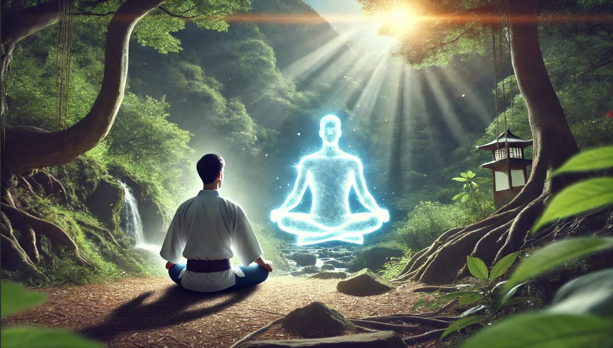 森の中で瞑想する日本人男性の上空に、彼自身の光り輝く透明な姿（ハイヤーセルフ）が浮かぶ幻想的な風景。精神的覚醒や内なる神とのつながりを象徴し、藤井風の哲学的世界観を視覚的に表現している。