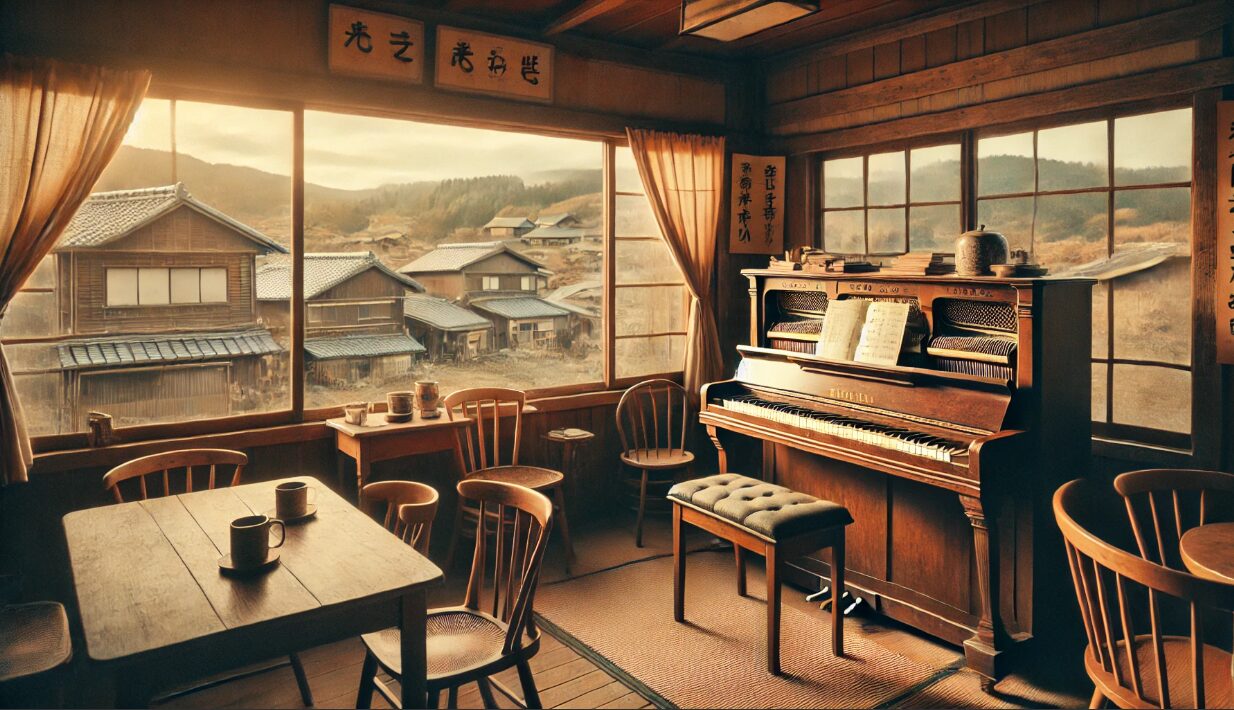 田舎町にある木造の小さな日本の喫茶店。窓際にはグランドピアノが置かれ、柔らかな自然光が差し込む。藤井風が音楽活動を始めた原点の場所を象徴し、温かくノスタルジックな雰囲気が漂っている。