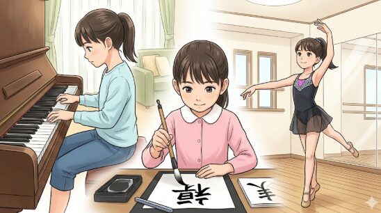 ピアノ、習字、ジャズダンスと、複数の習い事に励む幼少期の日本人少女